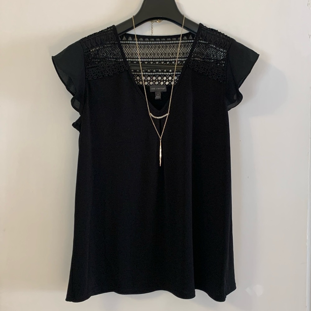 The Limited Black Crochet Lace Yoke Flutter Sleeve Top Small women
